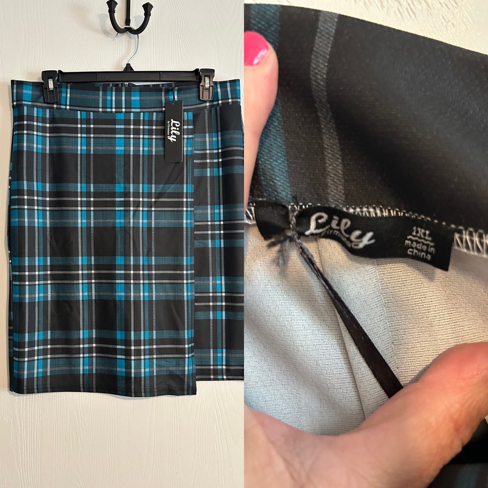 NWT Lily by Firmiana teal blue and black plaid faux wrap skirt, 1X fits like L